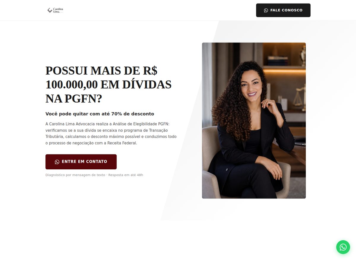 Landing page Carolina Lima Advocacia, Transação Tributária