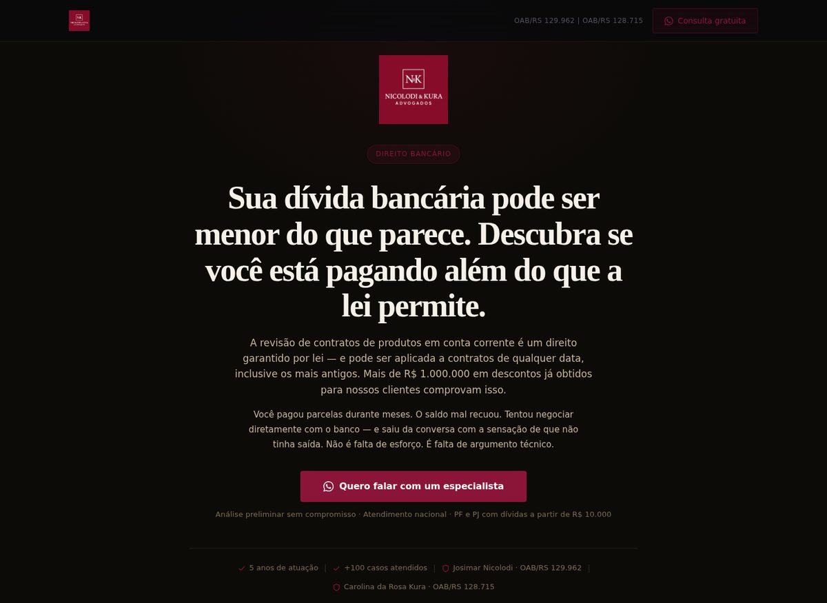 Landing page Nicolodi & Kura Advogados, Direito Bancário